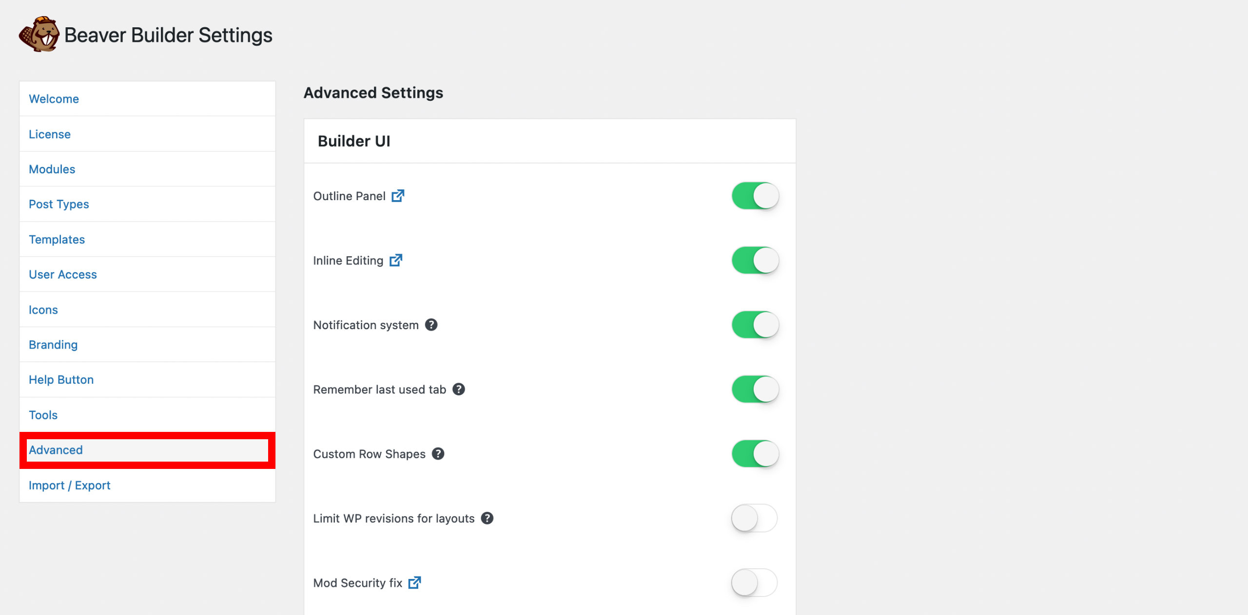 Beaver Builder Advanced settings