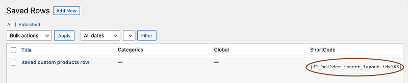 Saved row shortcode example